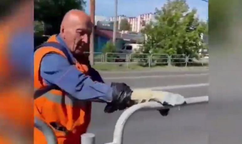 Фото В Челябинске заборы красят рукавицами