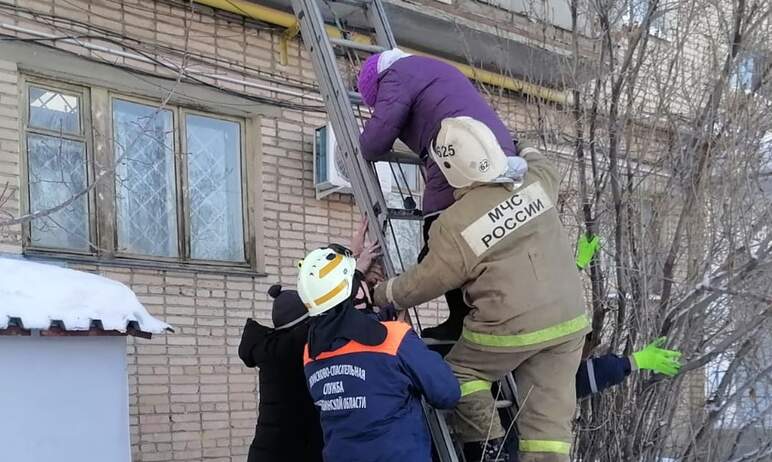 В Карталах (Челябинская область) спасатели пришли на помощь пожилой женщине, сняв ее с козырька б